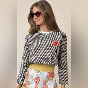 Rixo Marnie Cotton Jersey Black White Mono Wave Long Sleeve Top